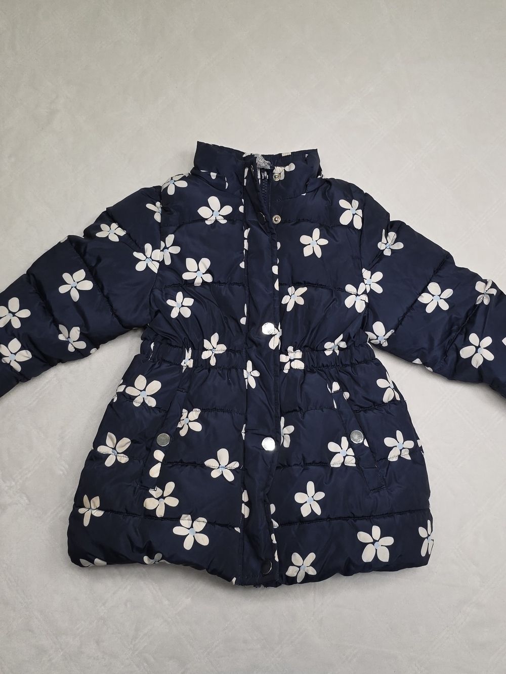 Girls Navy Floral Puffer Coat - Cute Winter Jacket